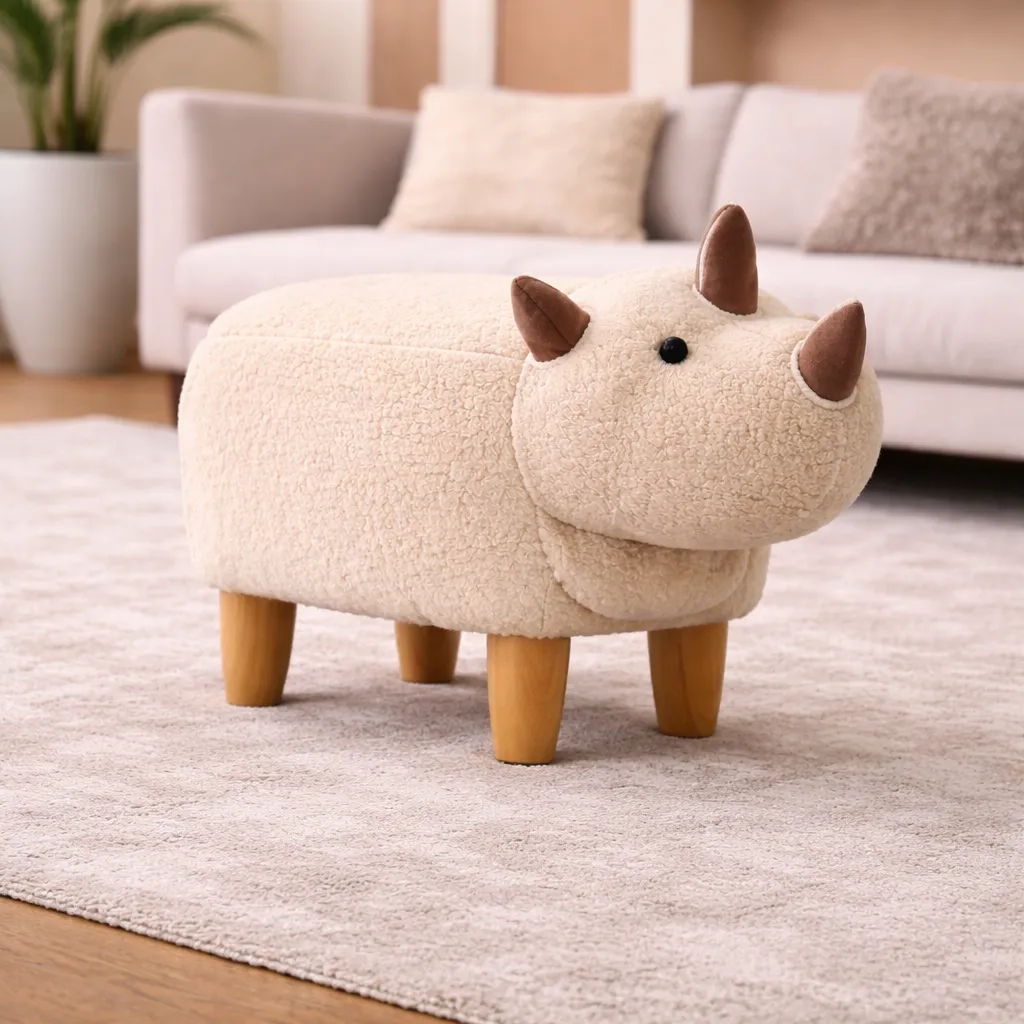 Cute rhino footstool in cozy living room.webp