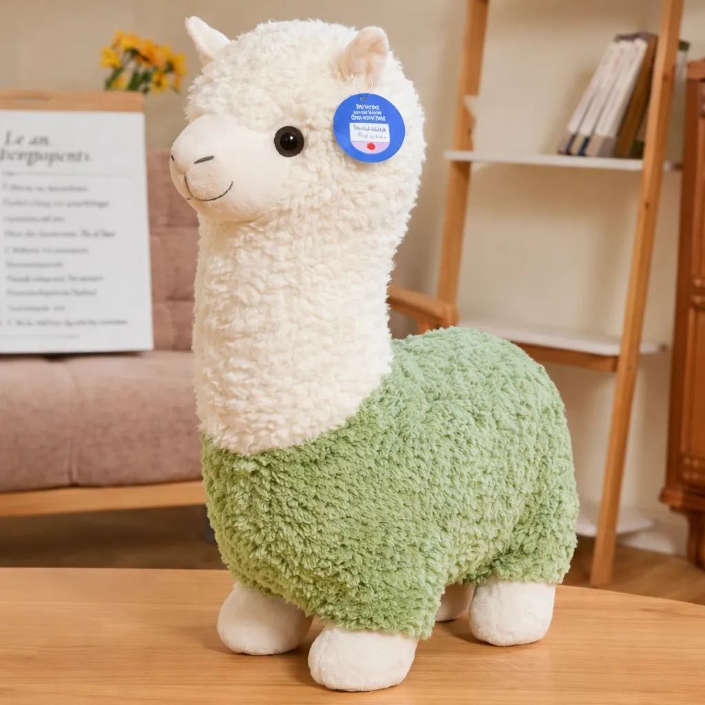 Plush alpaca toy in cozy living room.webp