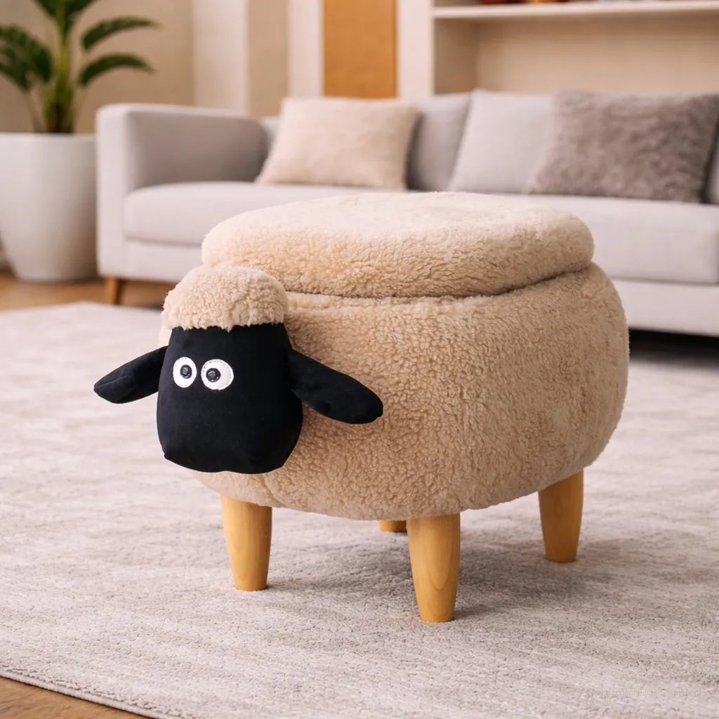 Fluffy sheep footstool in cozy living room.webp
