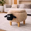 Fluffy sheep footstool in cozy living room.webp