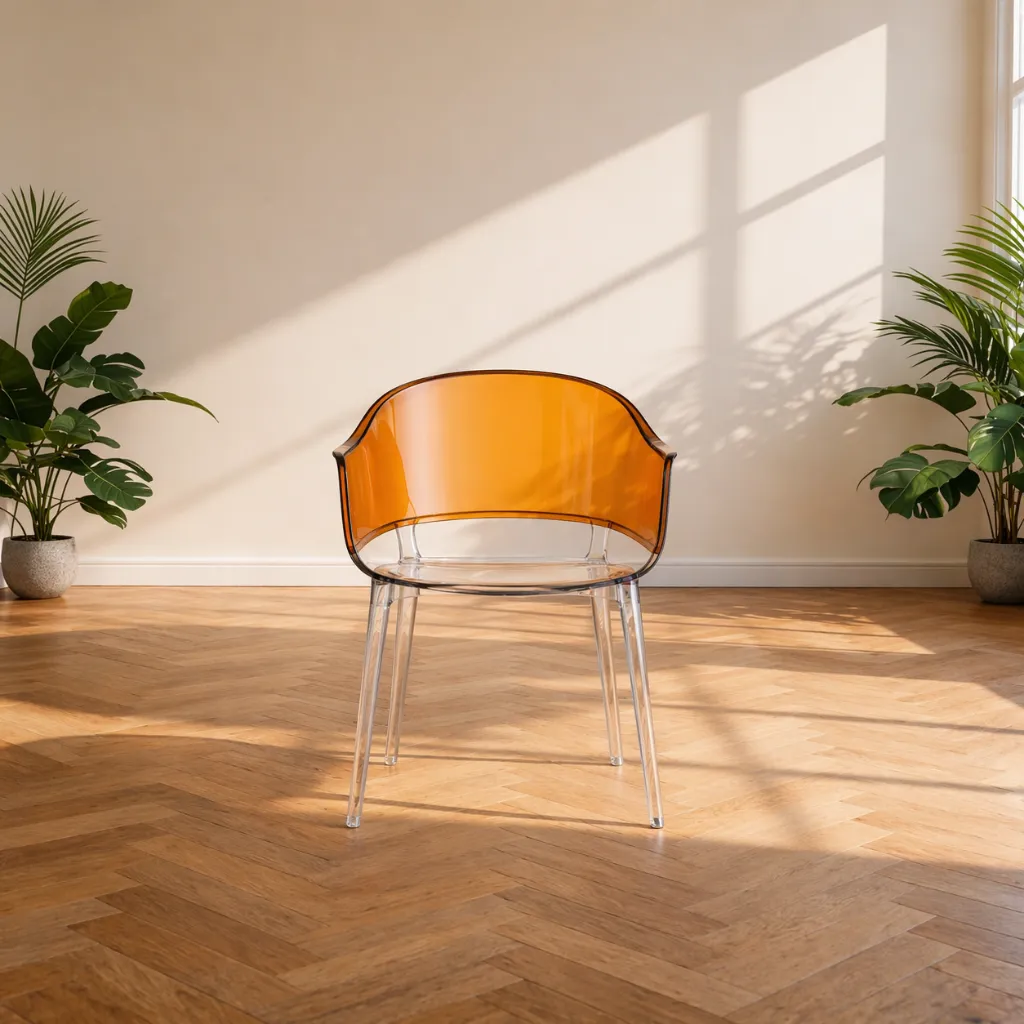 Sunlit modern interior with translucent chair.webp