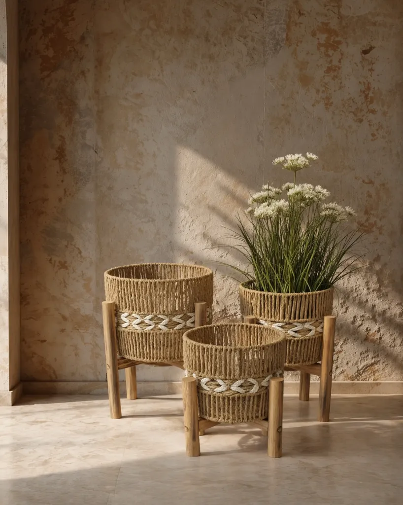 Boho still life with woven baskets.webp