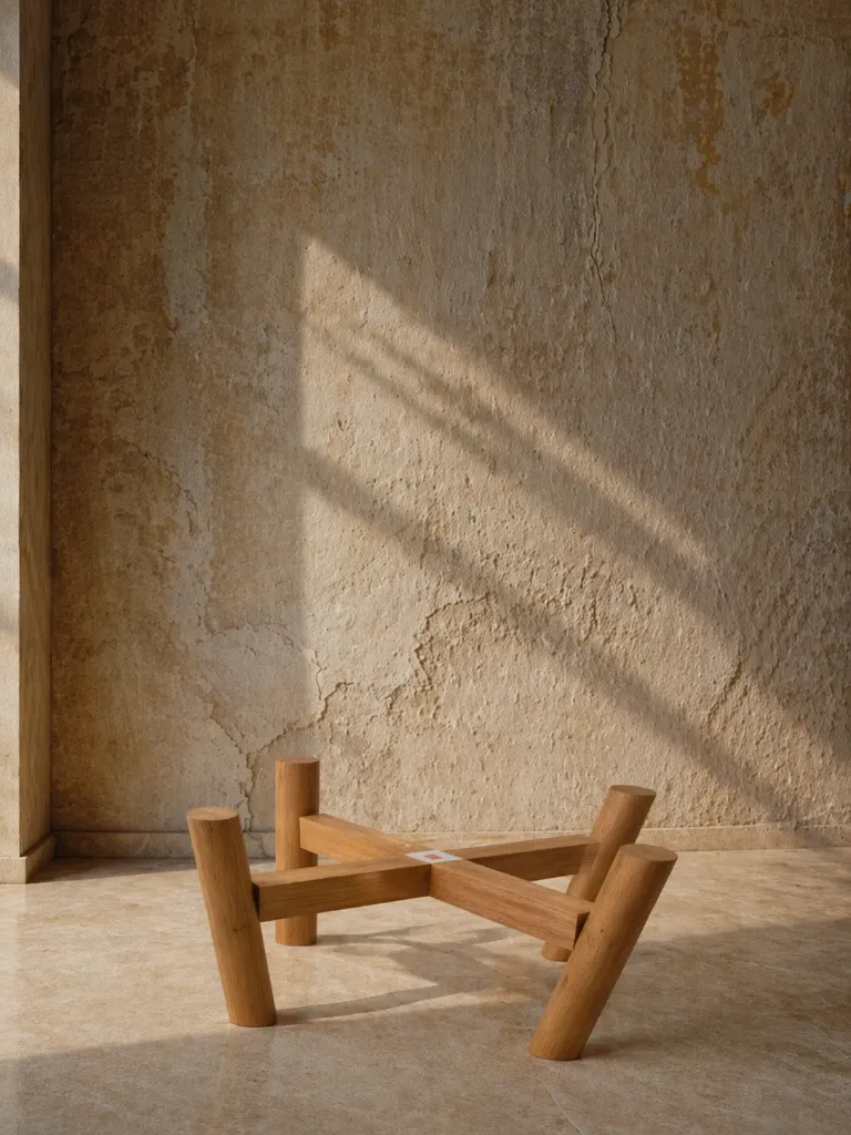 Sunlit minimalism with wooden stand.webp