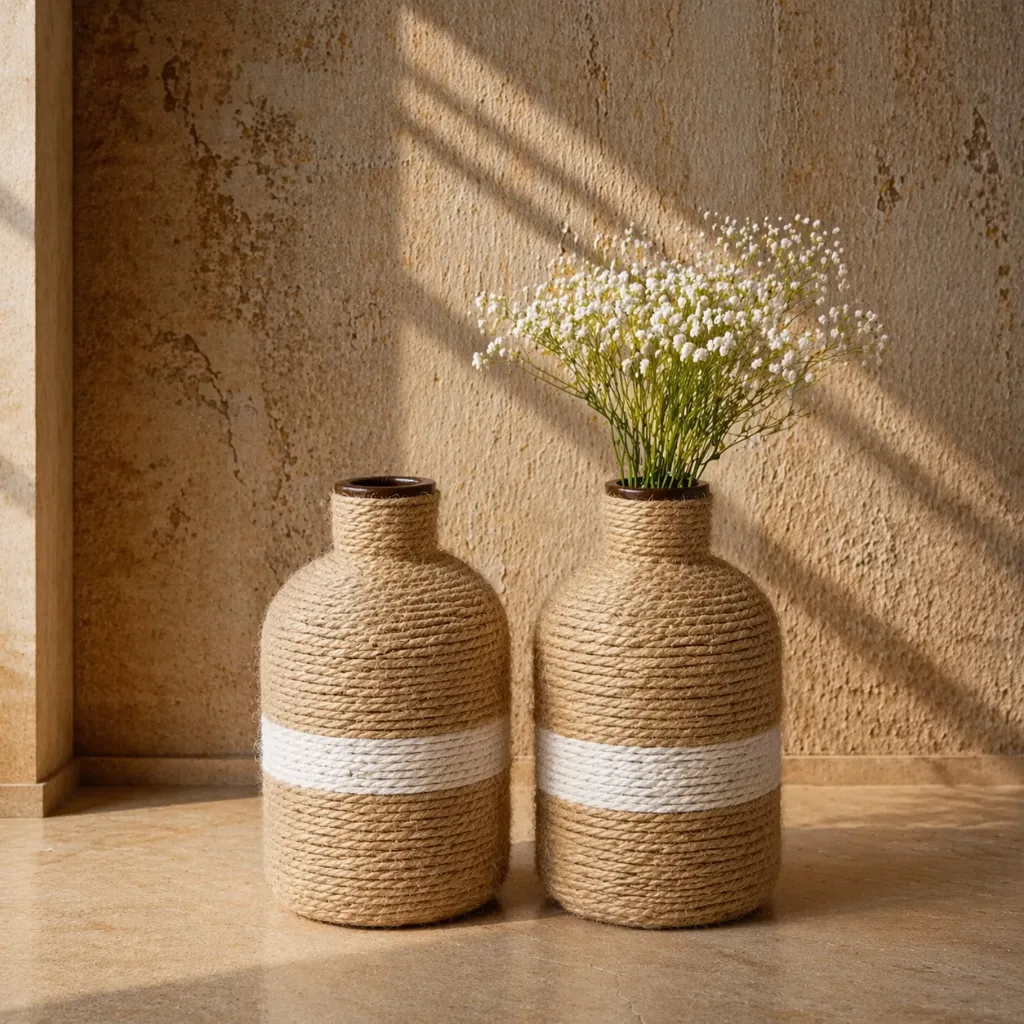 Sunlit serenity with rustic vases.webp