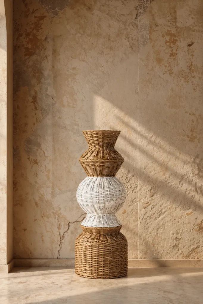 Woven vase in sunlit interior.webp