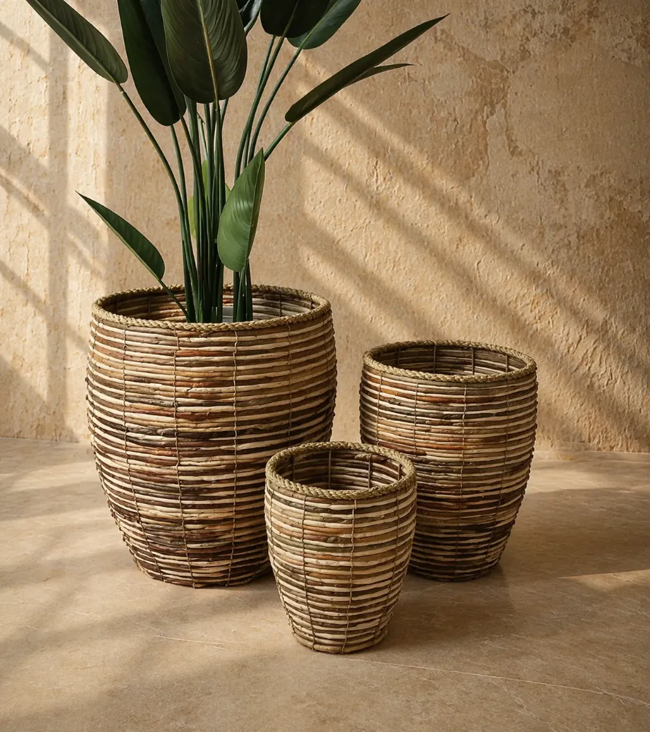 Sunlit minimalist planters with tropical leaves.webp