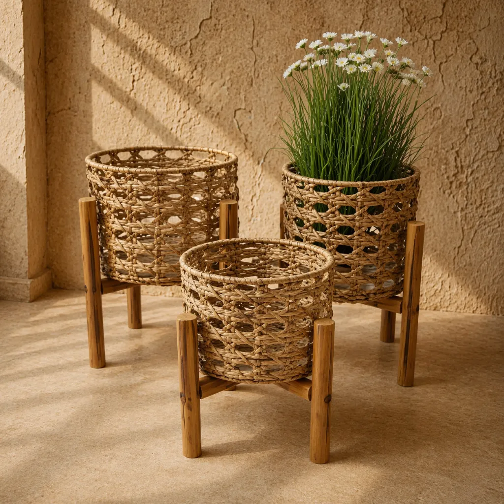 Sunlit woven baskets with greenery.webp