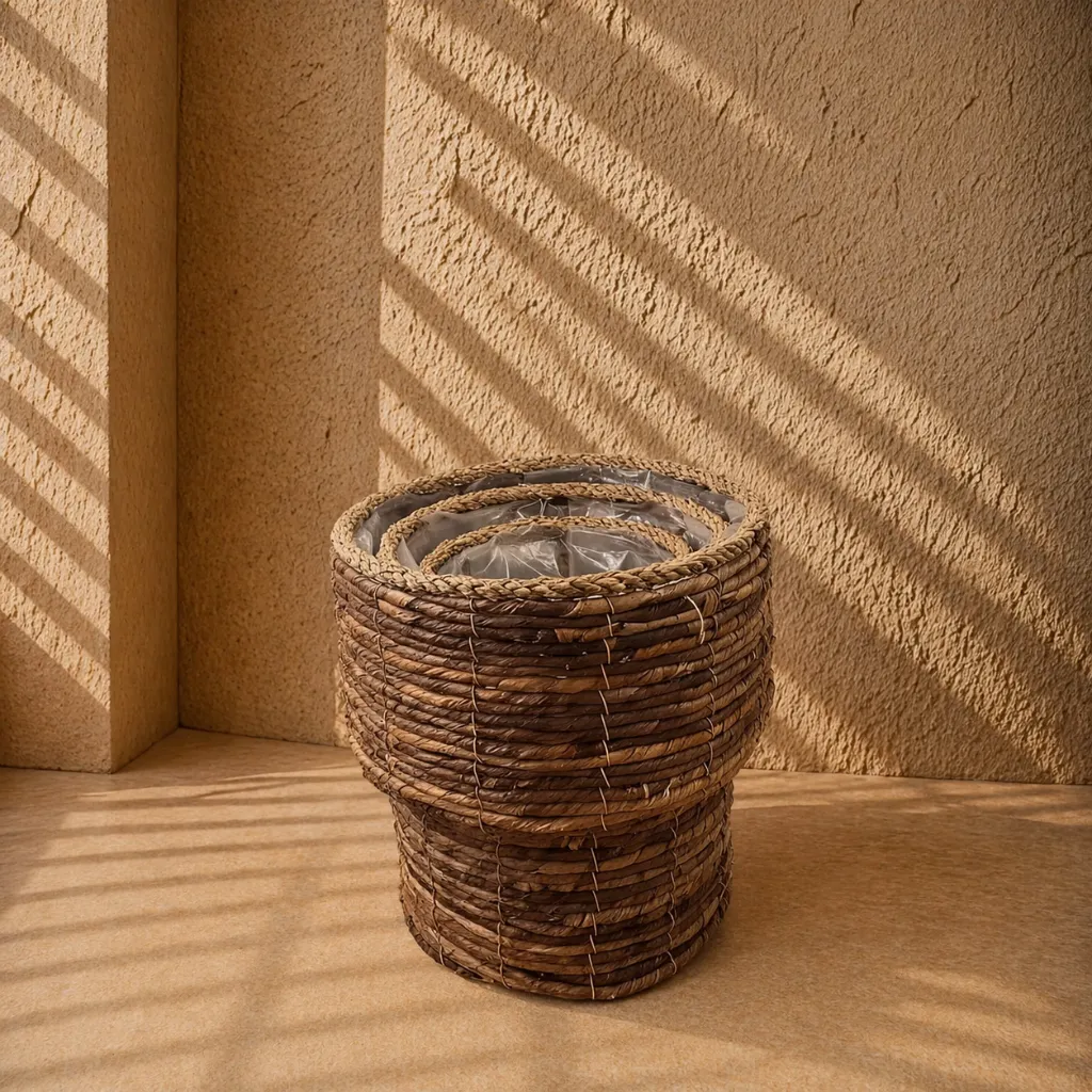 Sunlit wicker basket in woven corner.webp