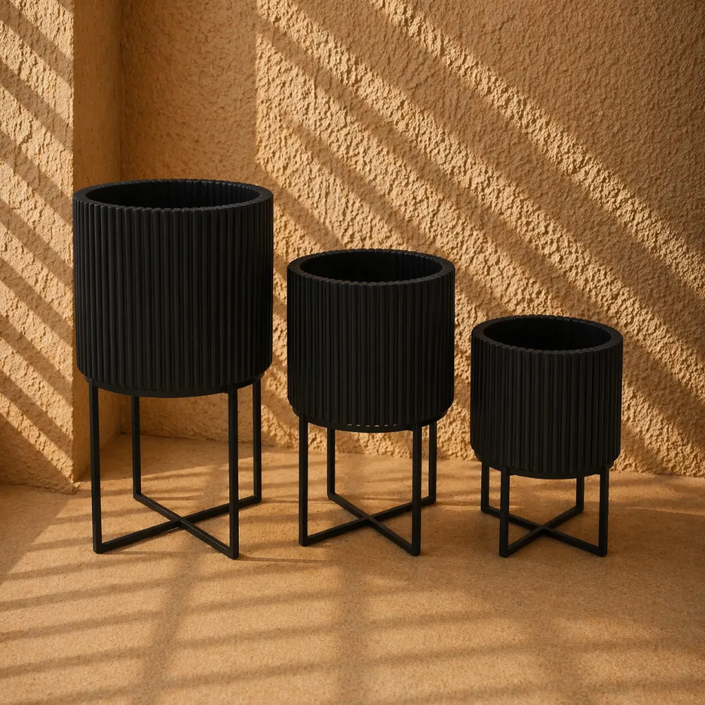 Minimalist interior with black planters.webp