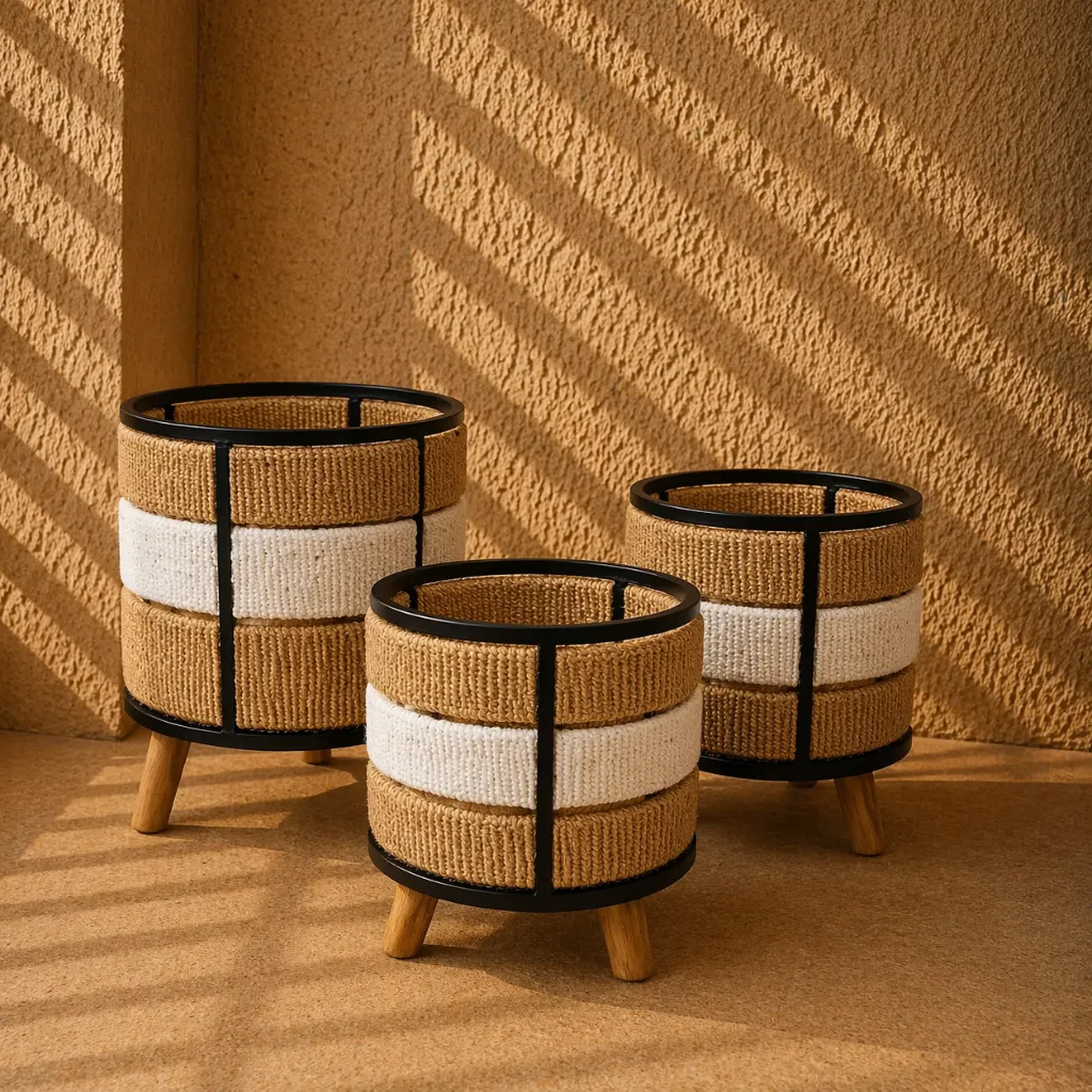 Sunlit modern boho planter arrangement.webp