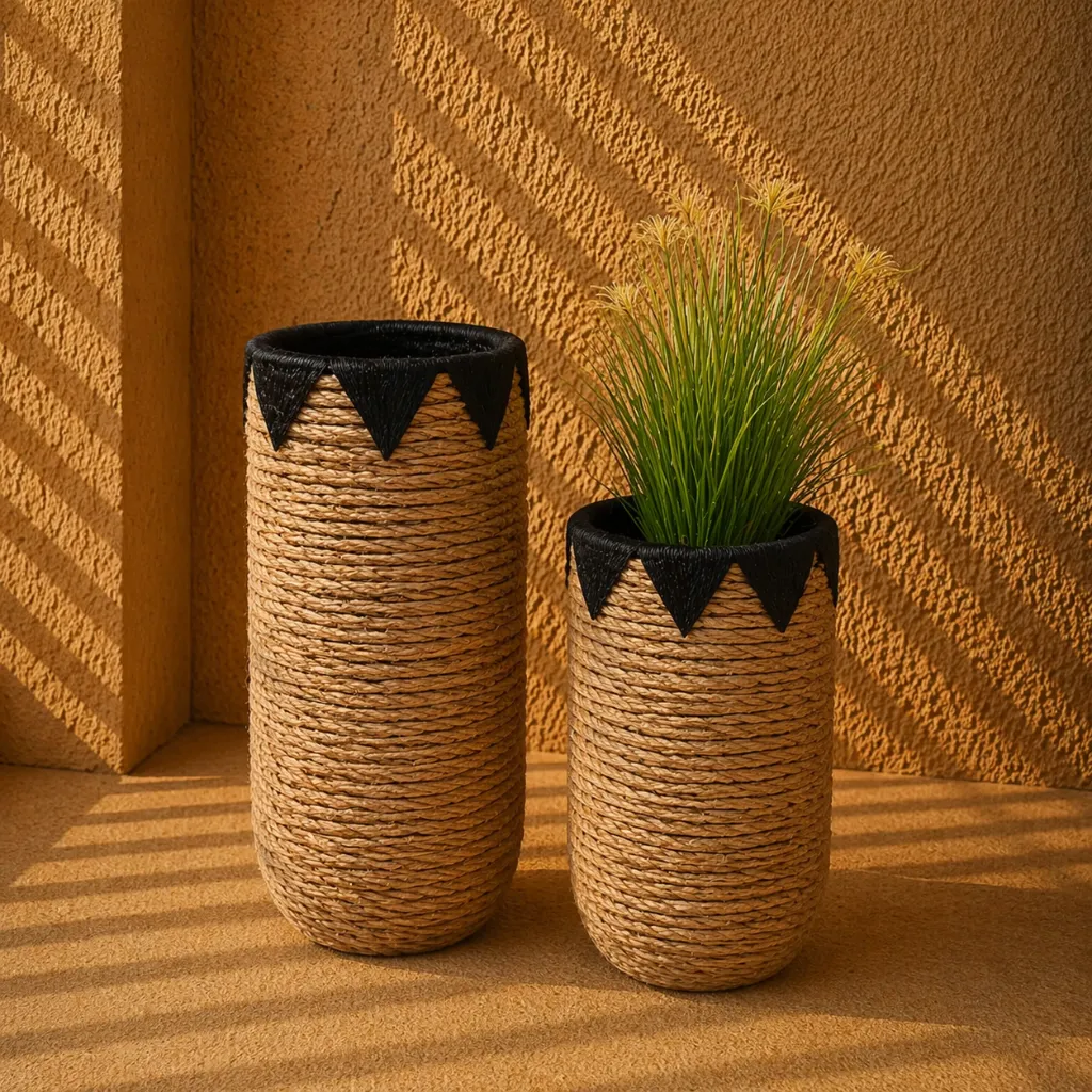 Sunlit woven planters and shadows.webp