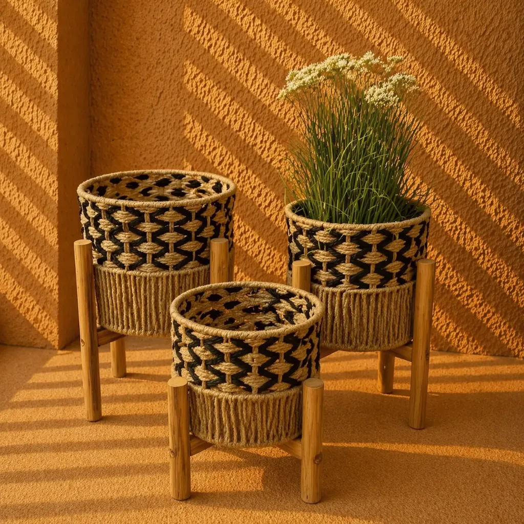 Sunlit woven basket planters arrangement.webp