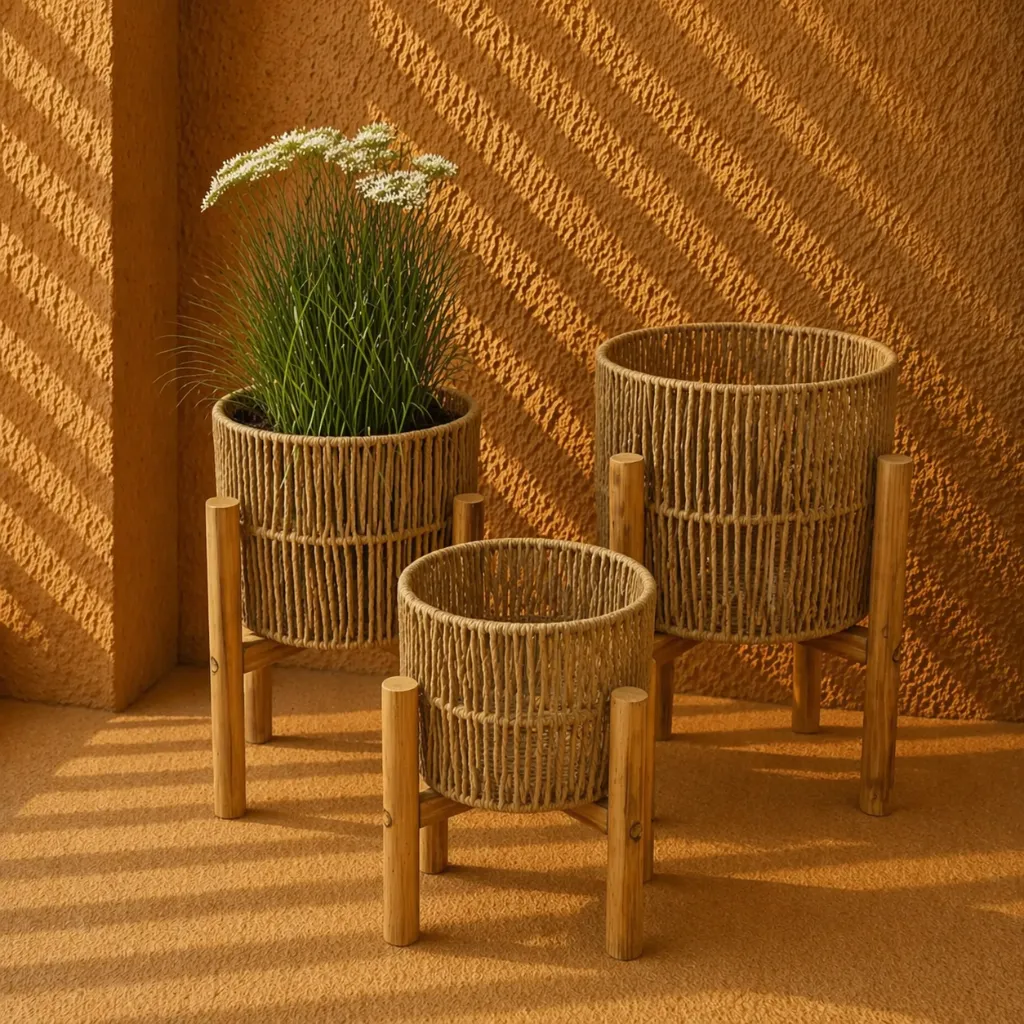 Sunlit woven pots in warm tones.webp