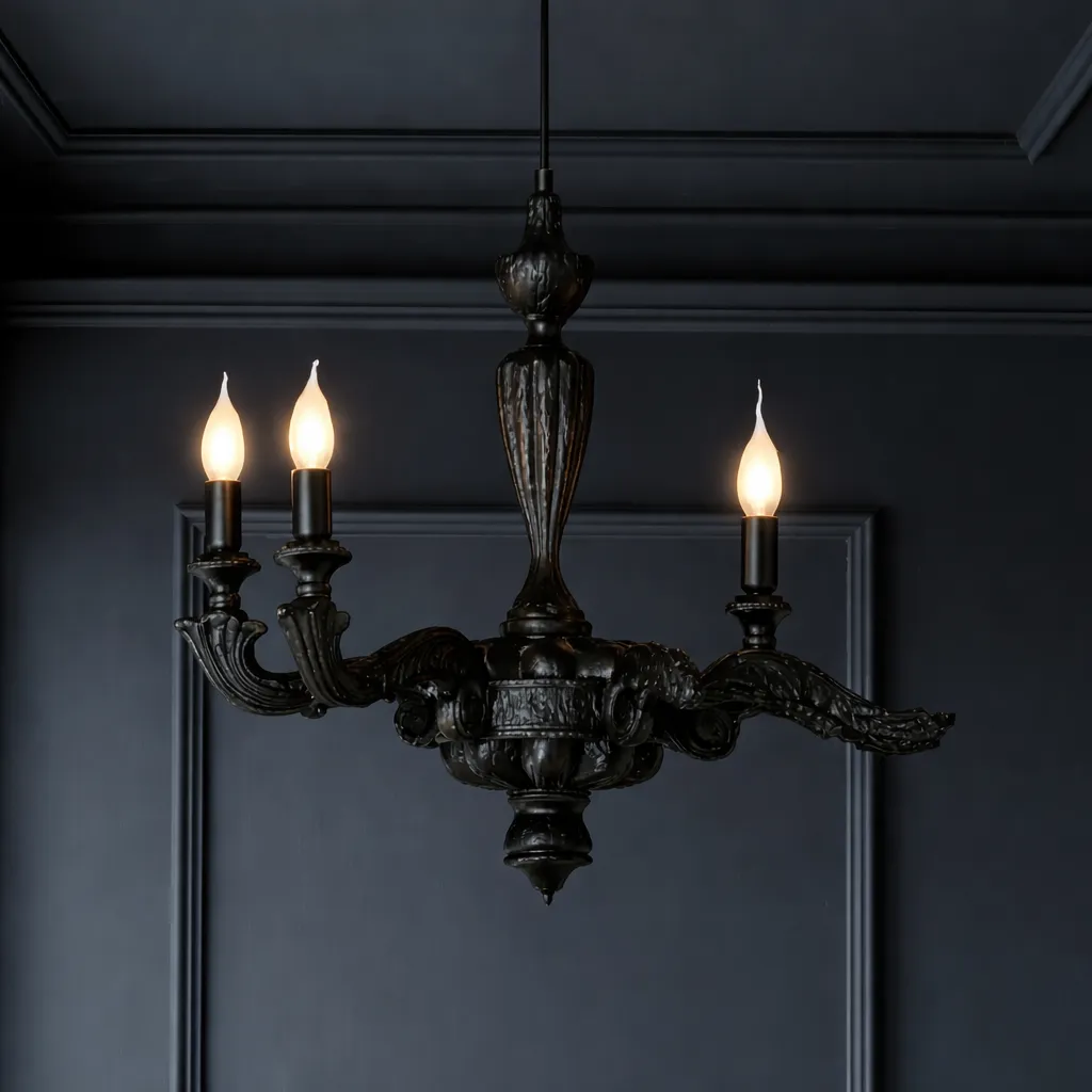 Elegant antique chandelier in dark room.webp