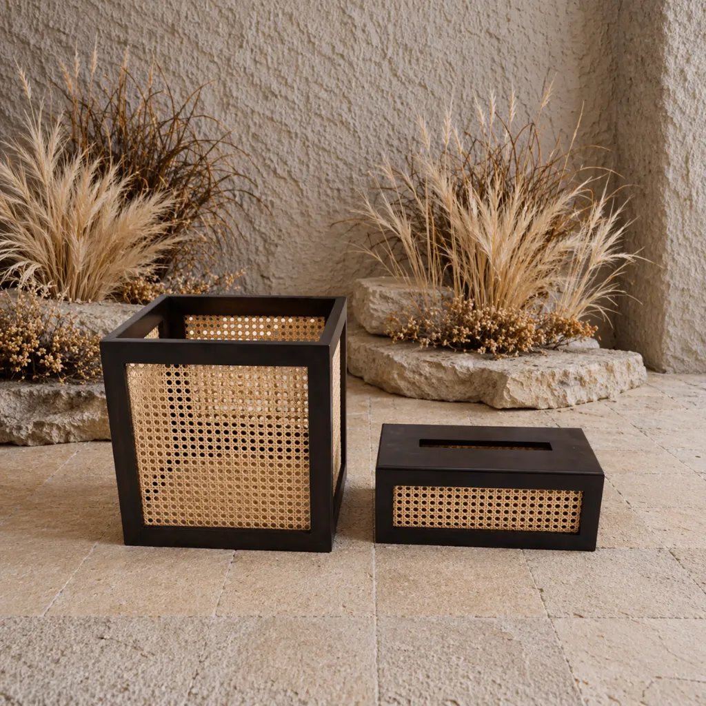 Rustic minimalist still life with wicker accents.webp