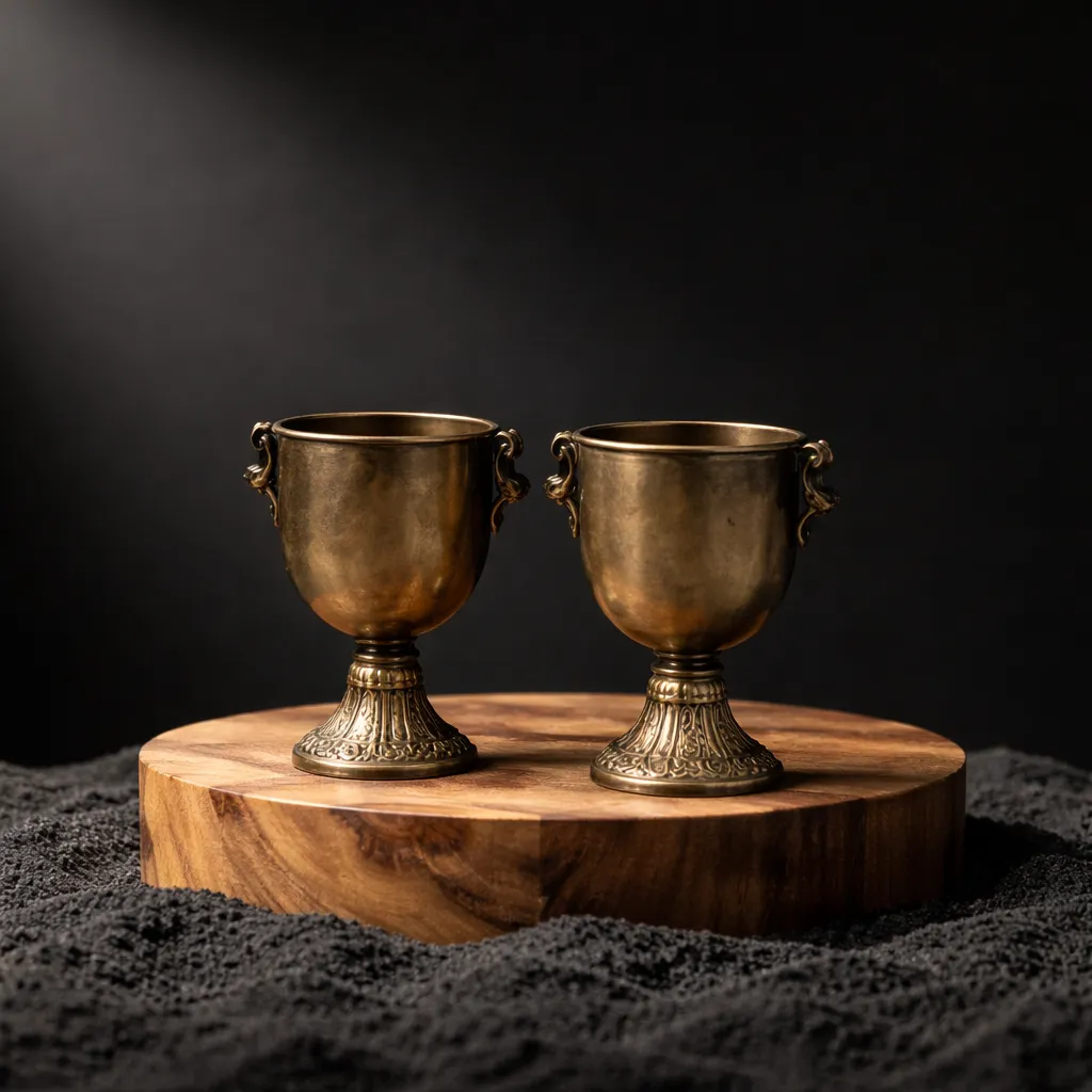 Antique brass goblets on wooden platform.webp