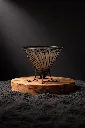 Elegant wire basket on wooden platform.webp