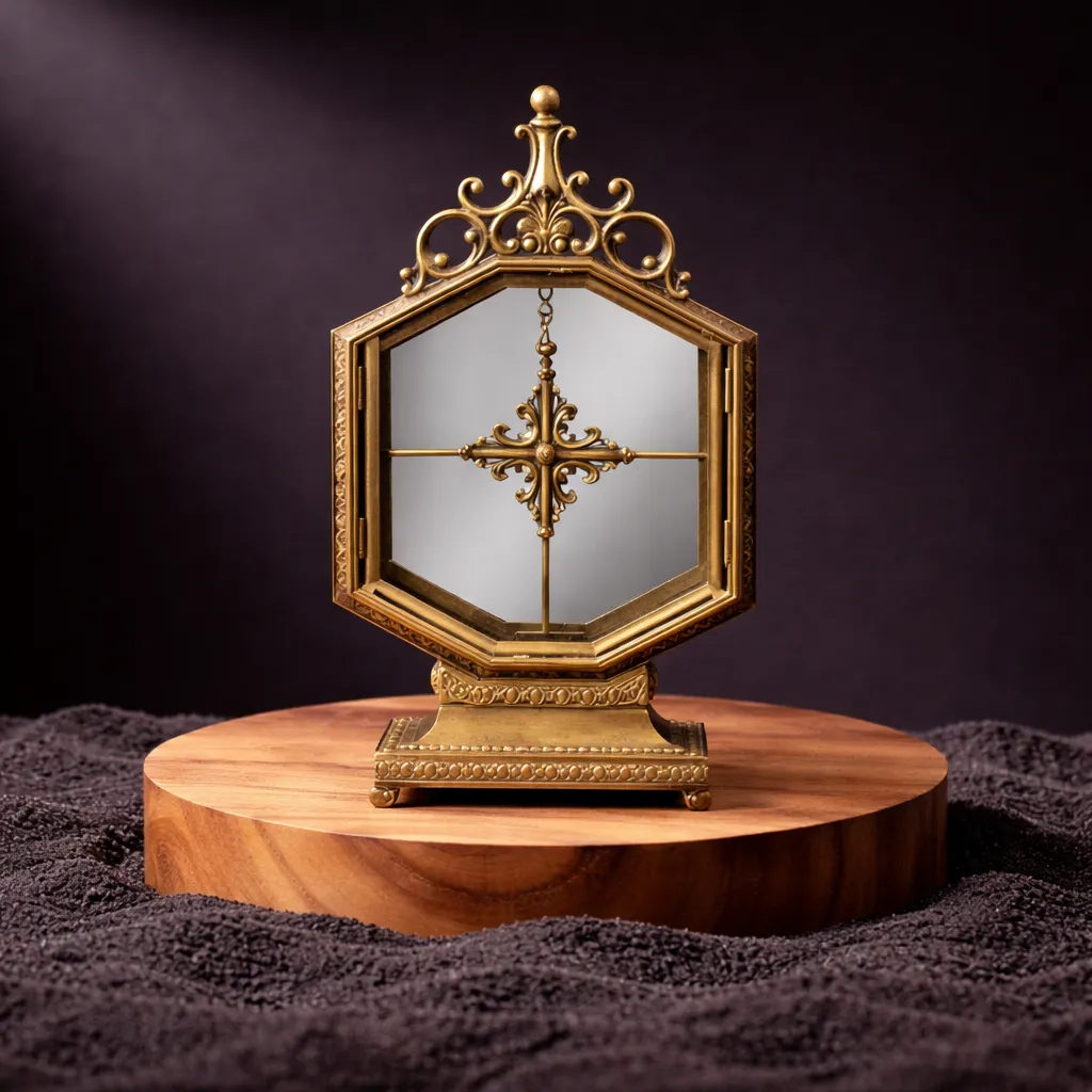 Ornate brass mirror with intricate filigree.webp