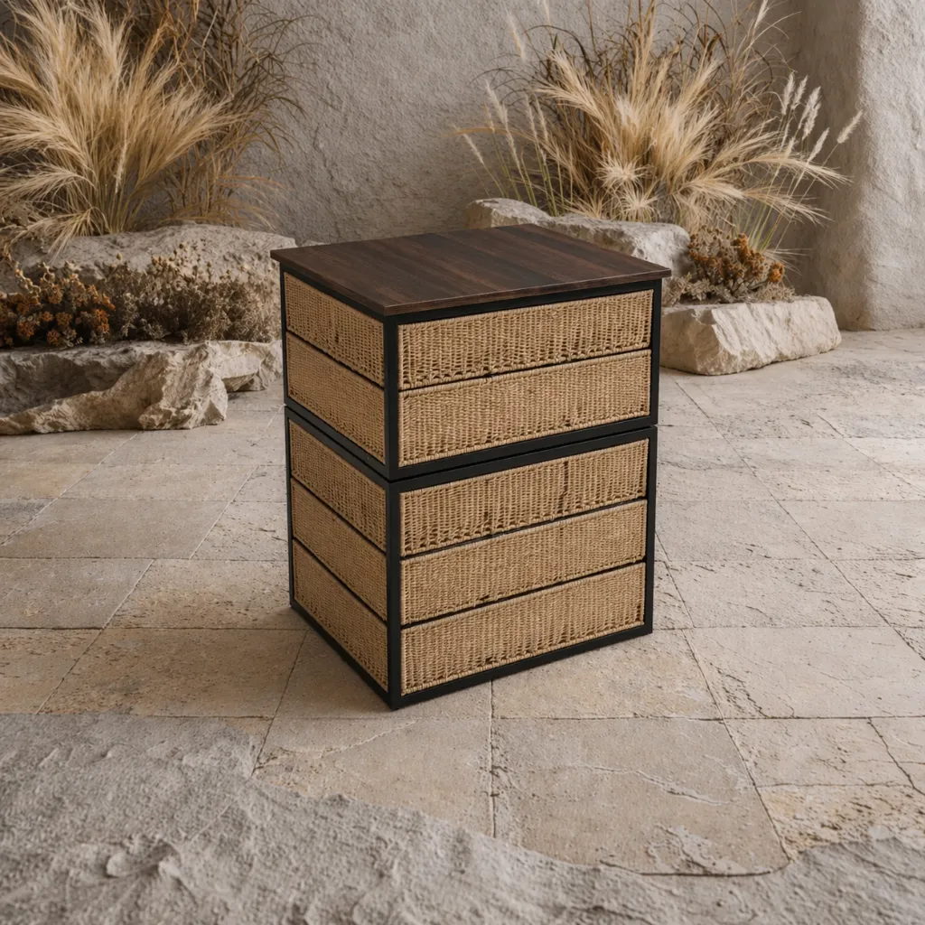 Minimalist dresser with stone and grasses.webp