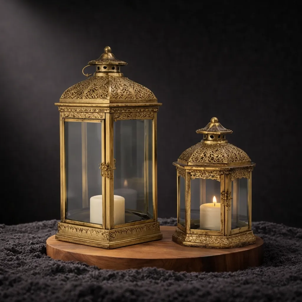 Brass lanterns on wooden platform.webp