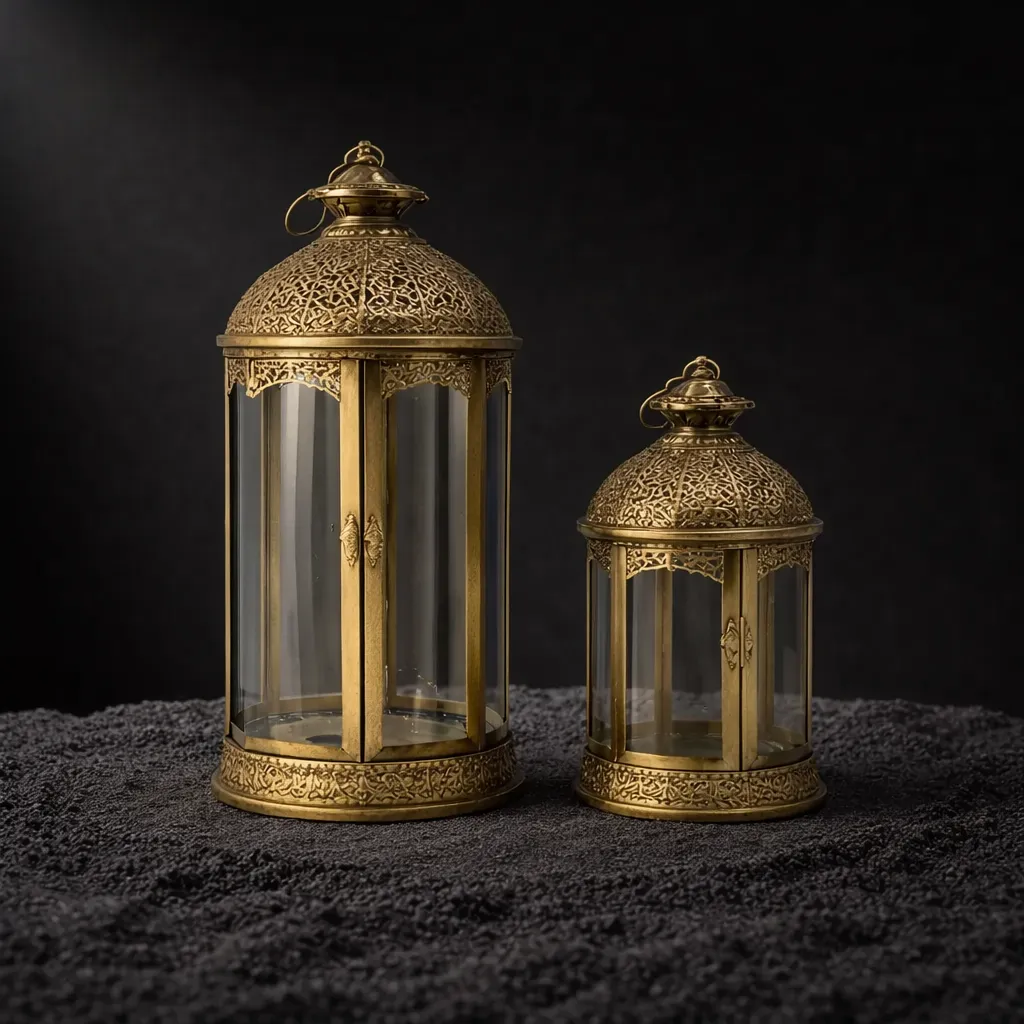 Antique brass lanterns on black sand.webp