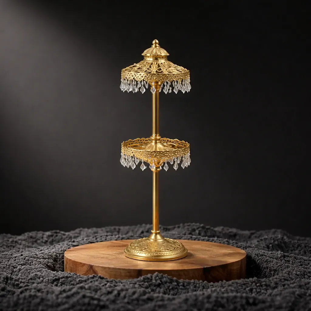 Ornate gold stand with crystal pendants.webp