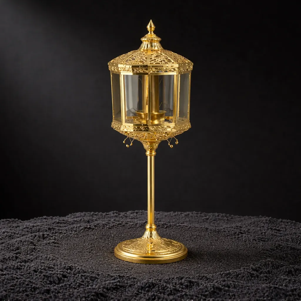 Ornate gold lantern on dark surface.webp