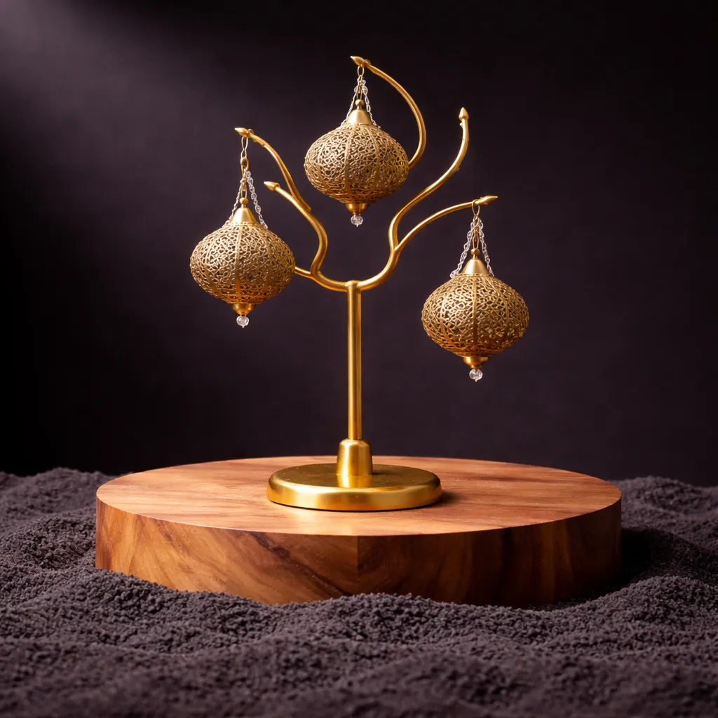 Gold jewelry tree with filigree lanterns.webp