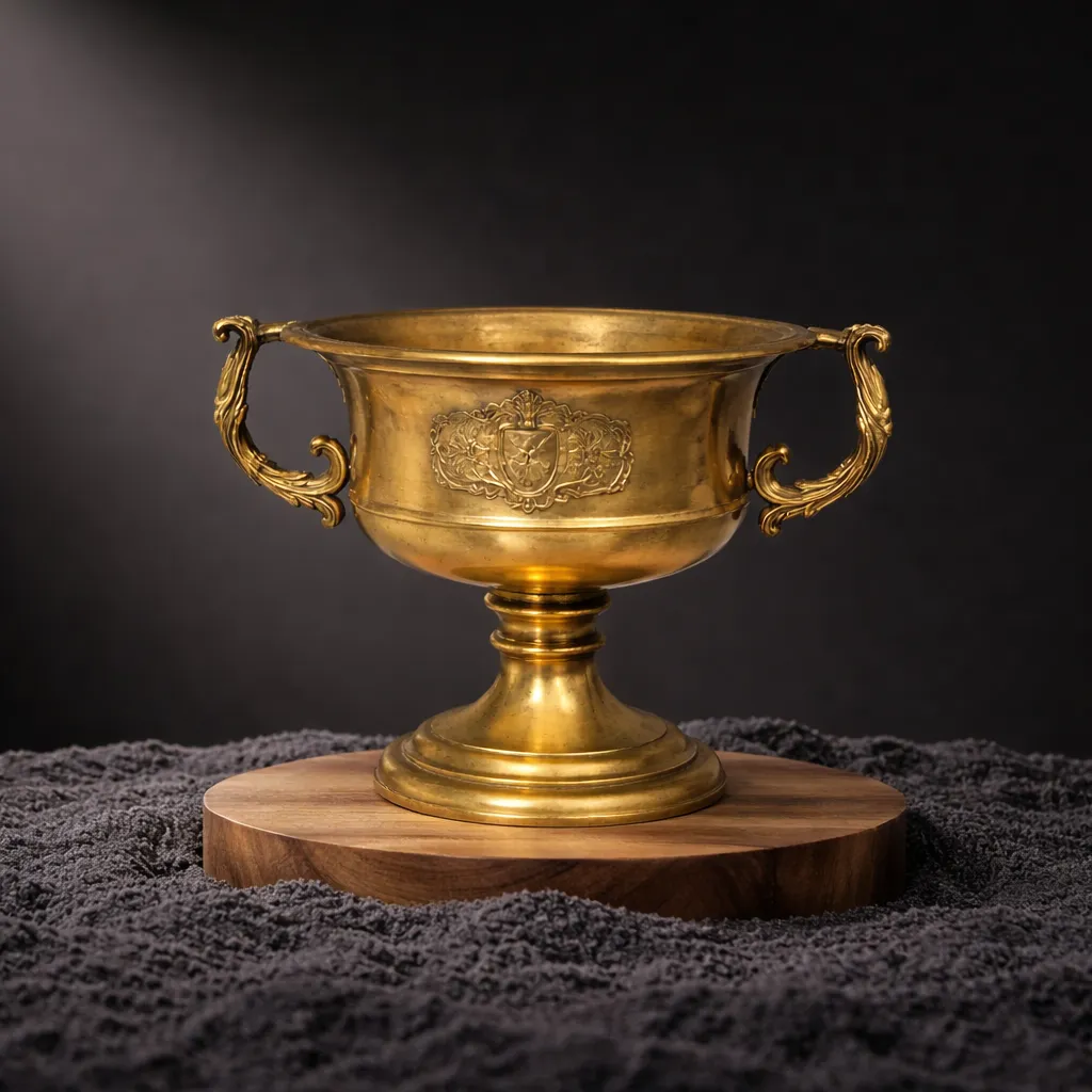Antique gold urn on dark sand.webp