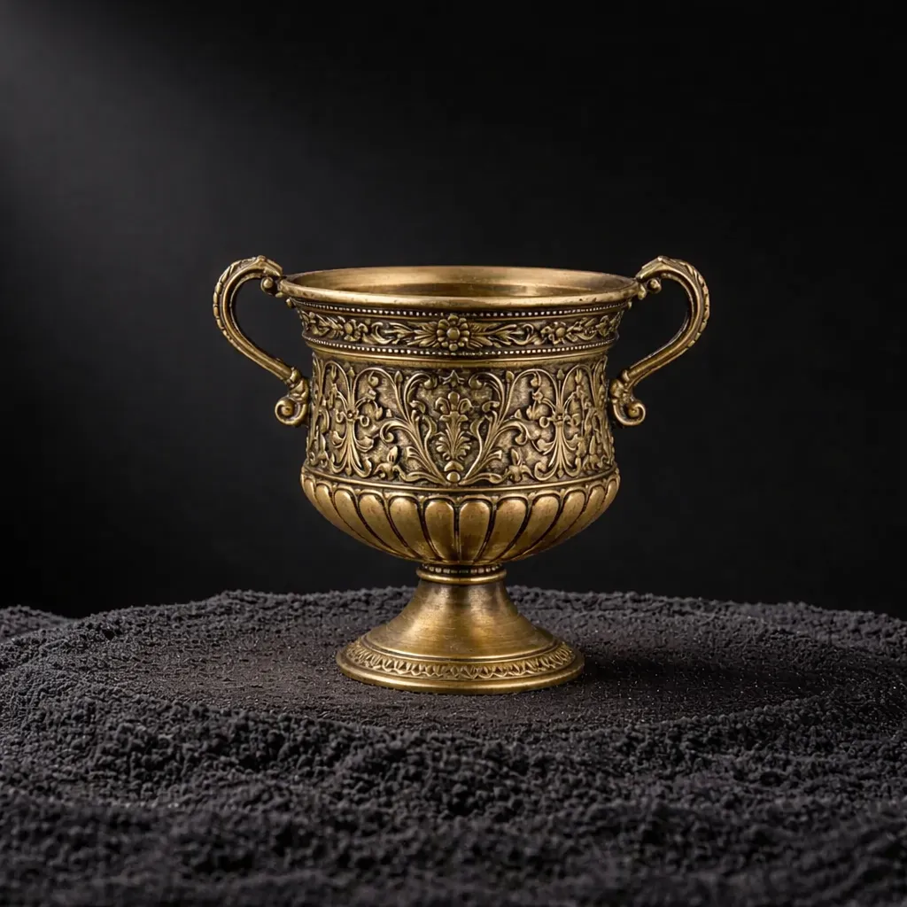 Antique brass urn on dark sand.webp
