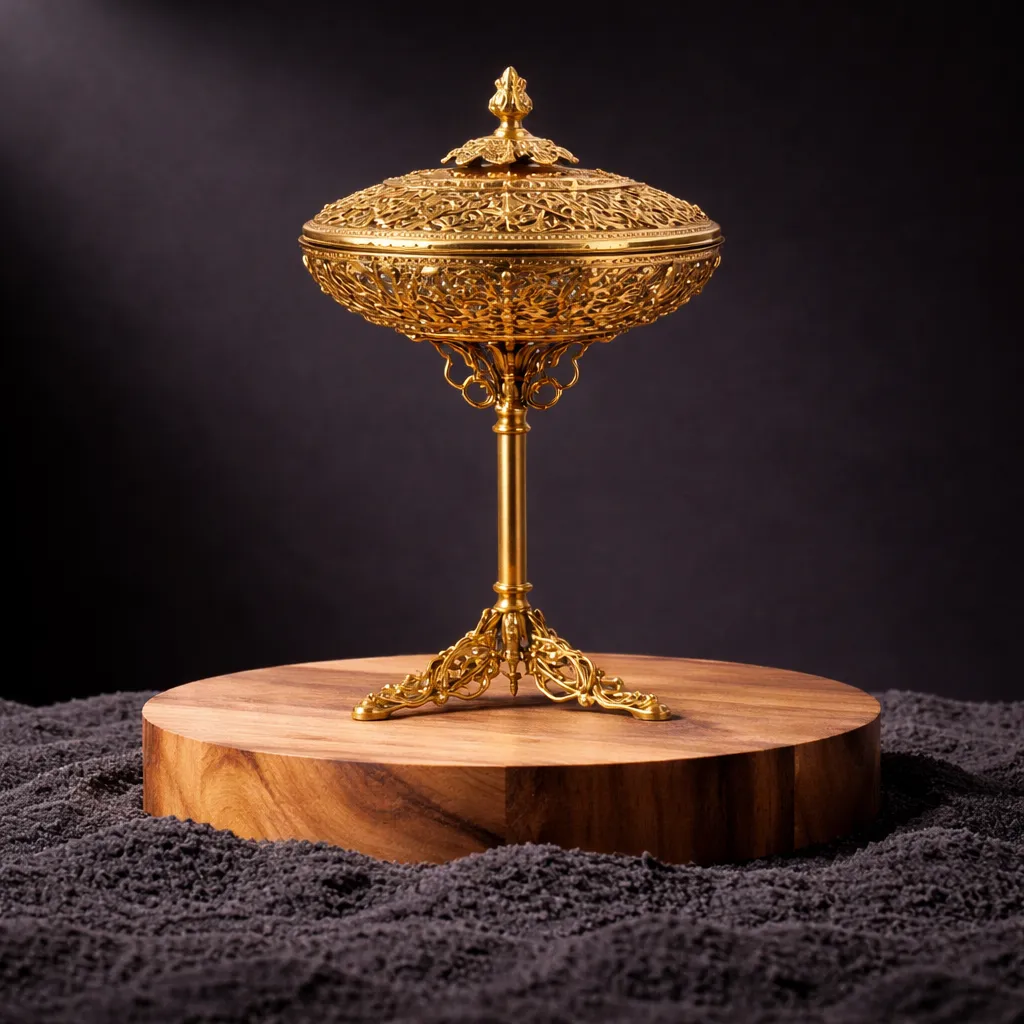 Ornate gold pedestal box display.webp