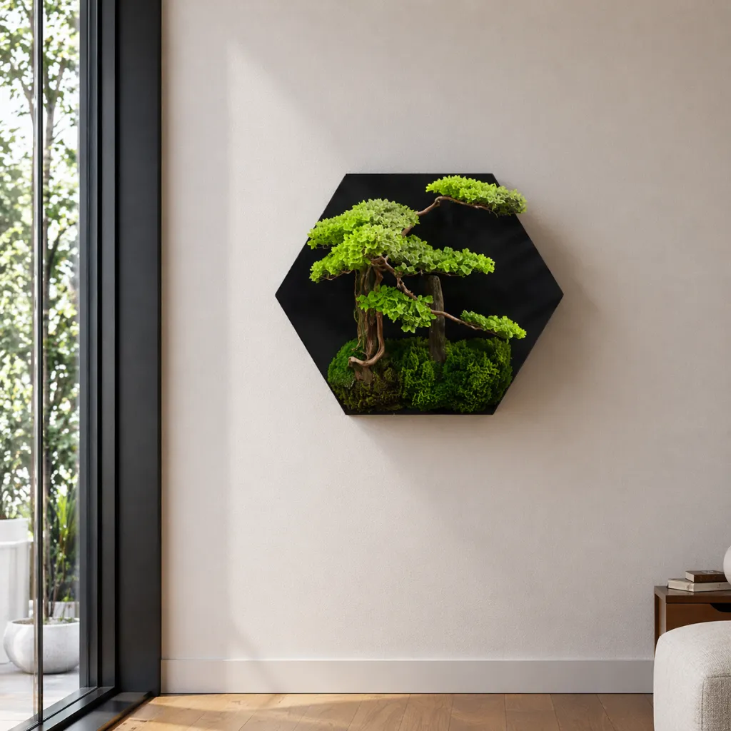 Minimalist living room with bonsai art.webp