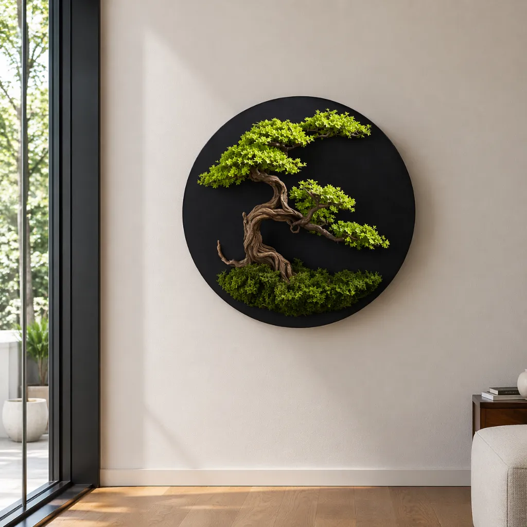 Minimalist living space with bonsai art.webp