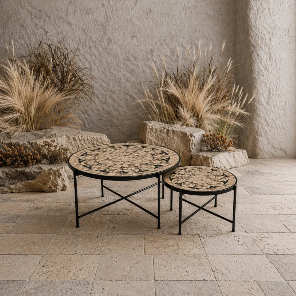 Minimalist patio with mosaic tables.webp
