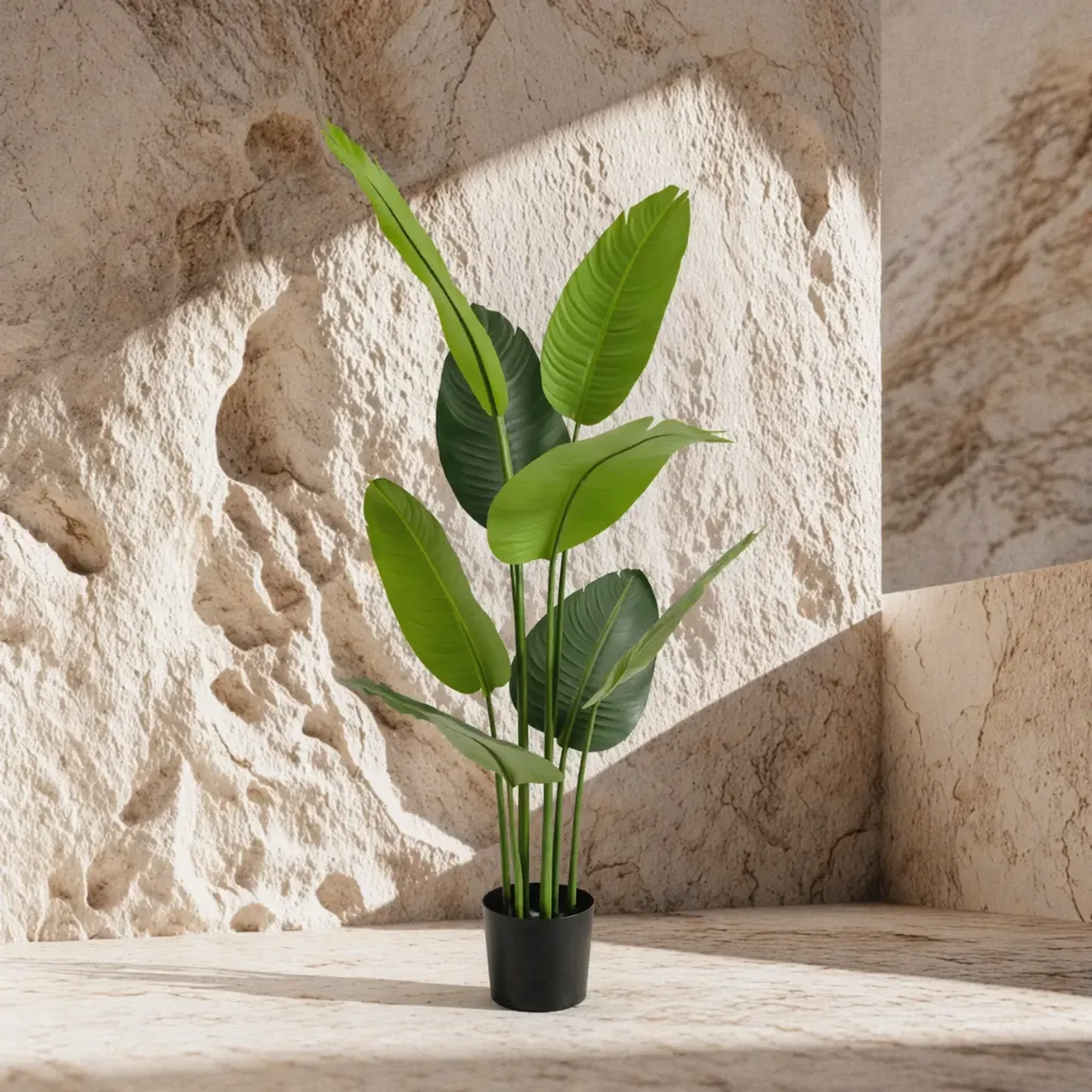 Sunlit plant against sculpted stone wall.webp