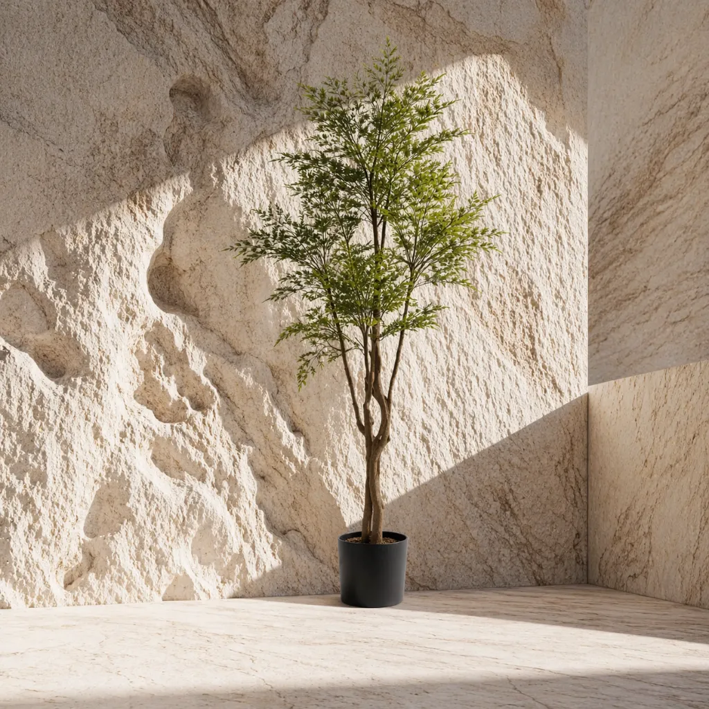 Minimalist sunlit plant in stone alcove.webp