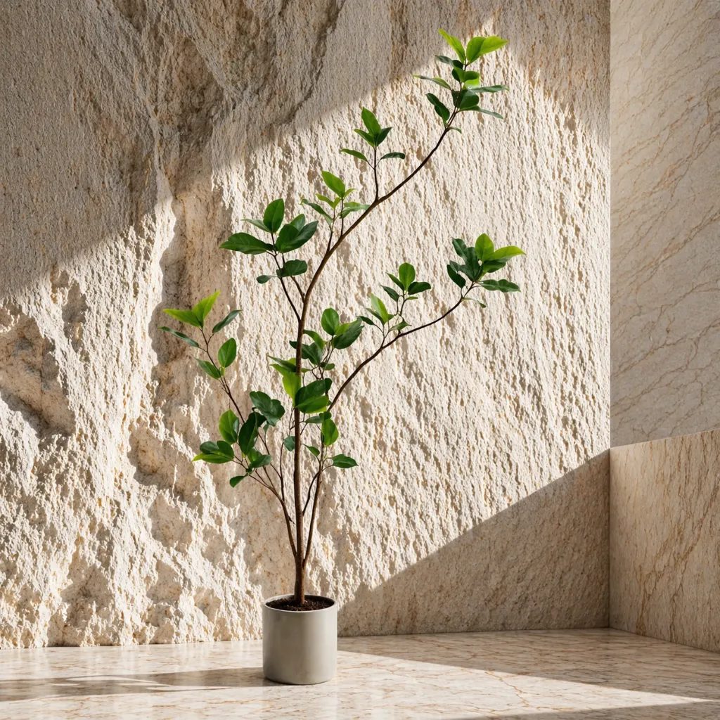 Minimalist plant in warm stone interior.webp