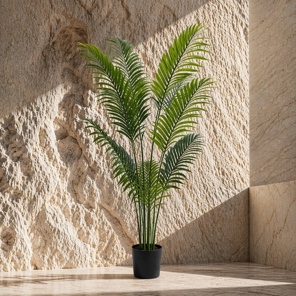 Minimalist palm plant in sunlit interior.webp