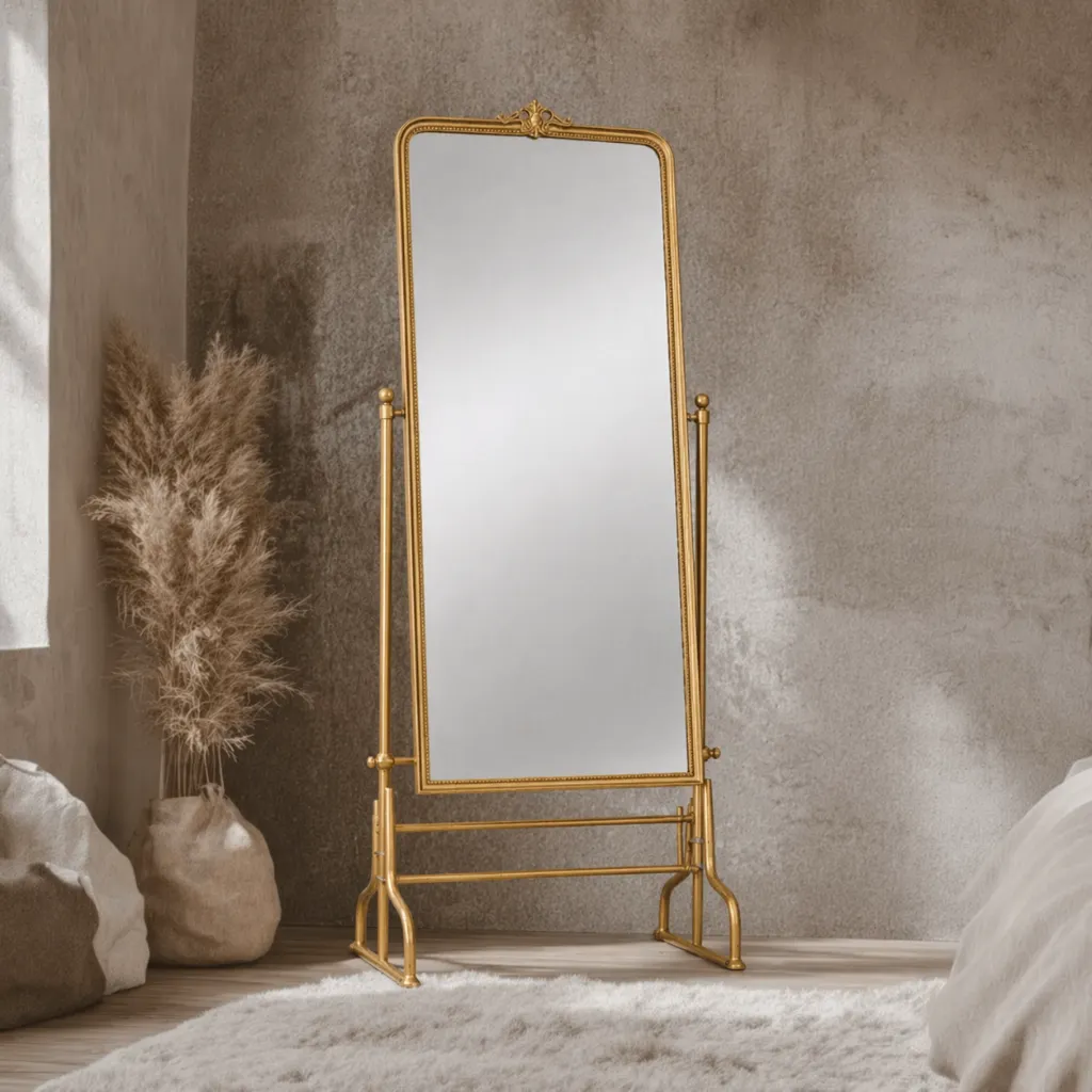 Cozy minimalist bedroom with gold mirror.webp