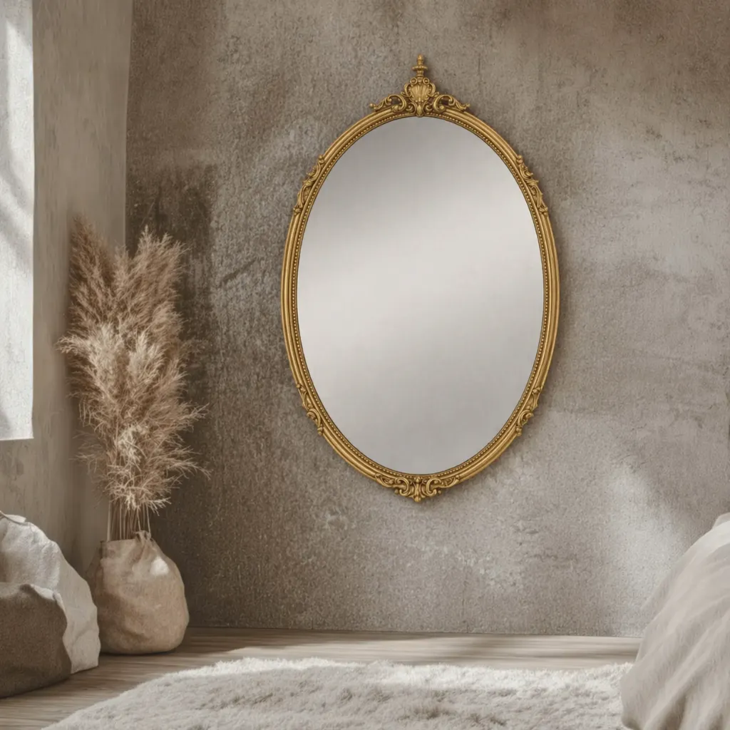 Golden mirror in a cozy minimalist room.webp