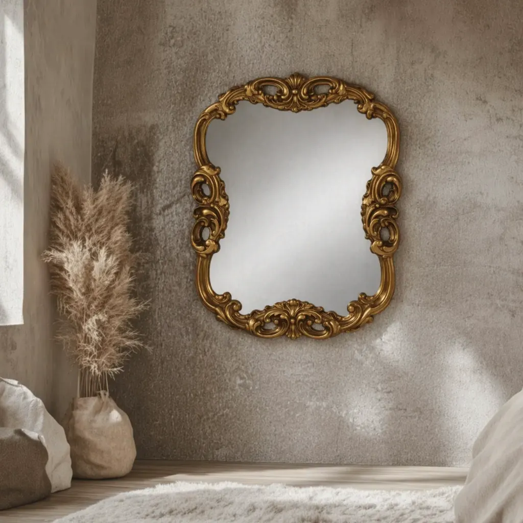 Golden mirror in a boho haven.webp
