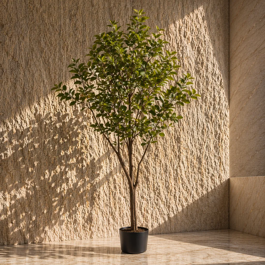 Sunlit corner with ornamental tree.webp