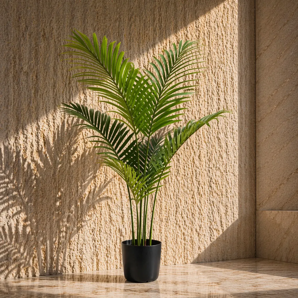 Sunlit corner with potted palm.webp