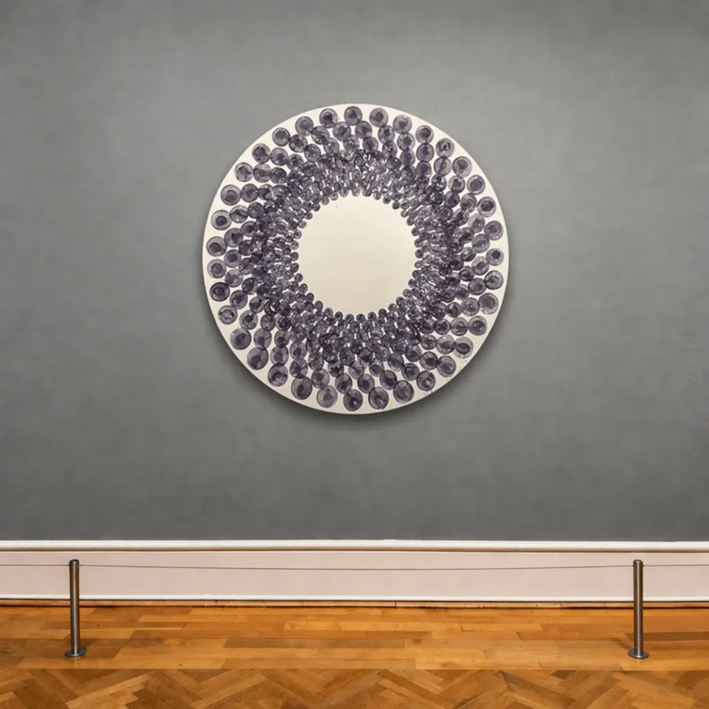 Hypnotic circular art in minimalist gallery.webp