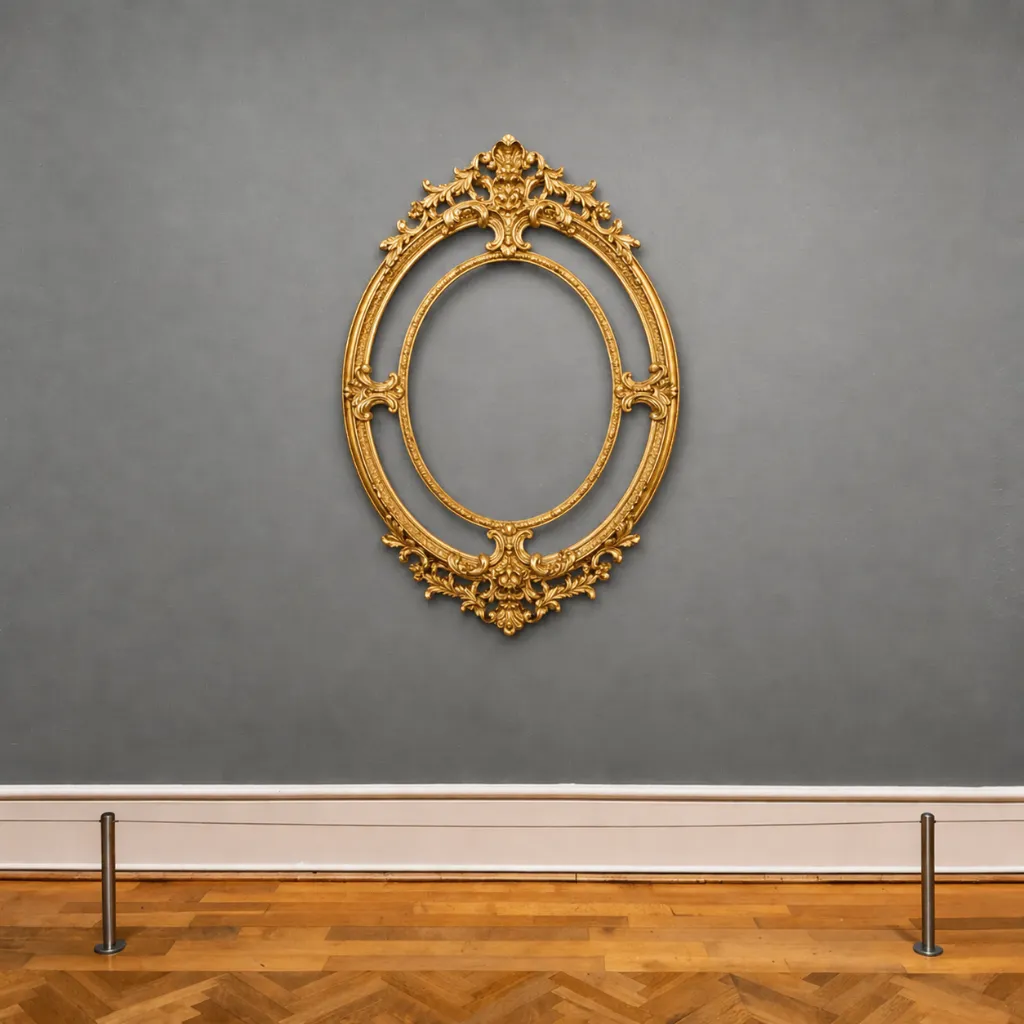 Ornate gold frame in minimalist gallery.webp