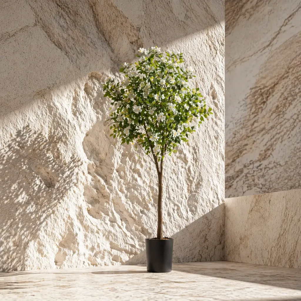 Serene minimalist with flowering tree.webp