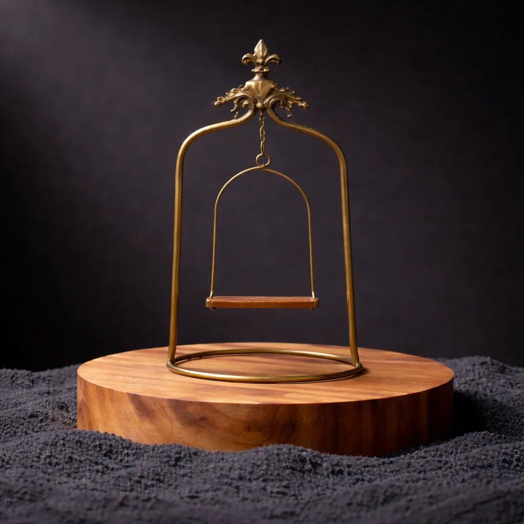 Ornate brass swing stand on wood 2copy.webp