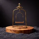 Ornate brass swing stand on wood 2copy.webp