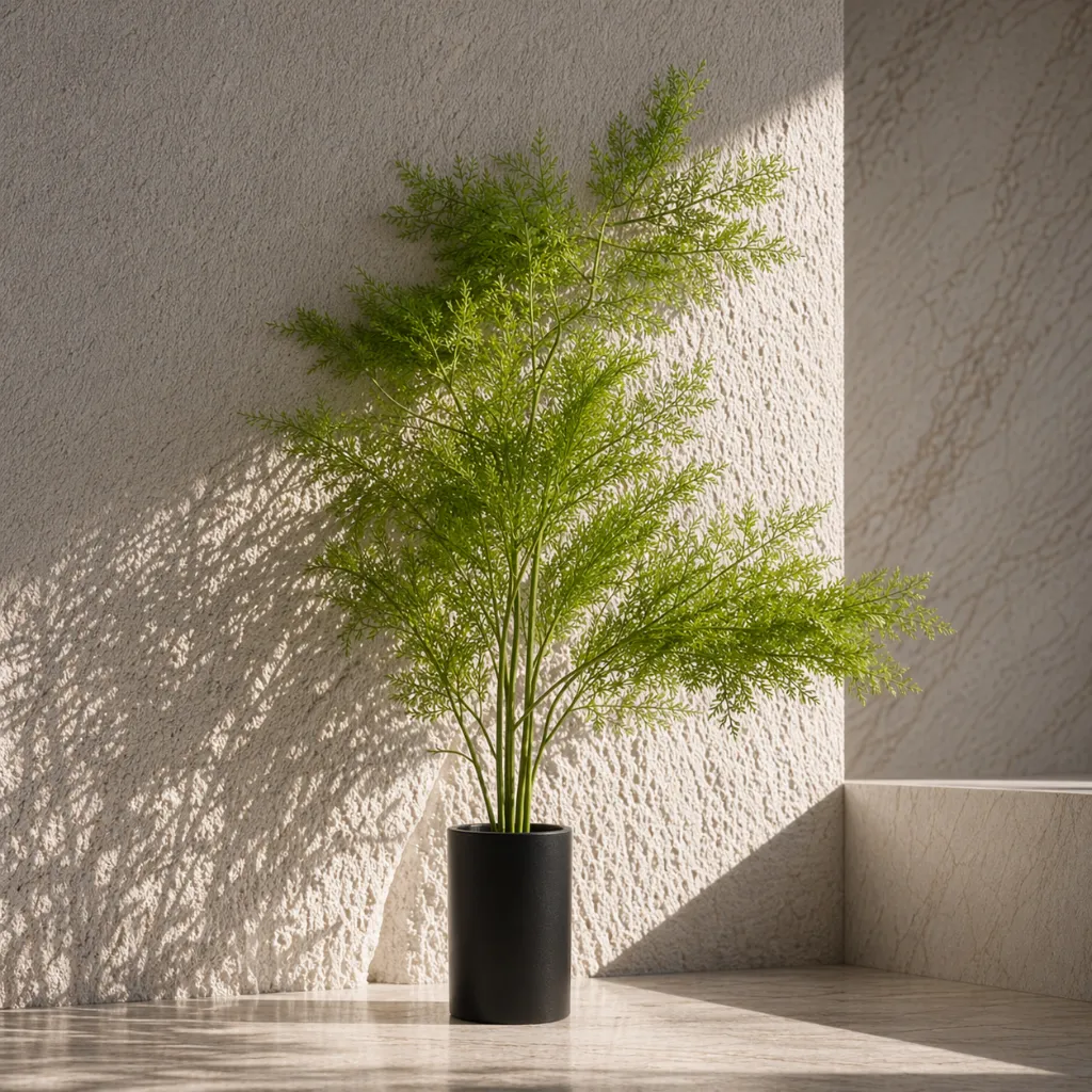 Sunlit corner with potted plant.webp