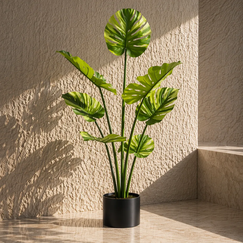 Sunlit tropical plant in minimalist setting (1).webp